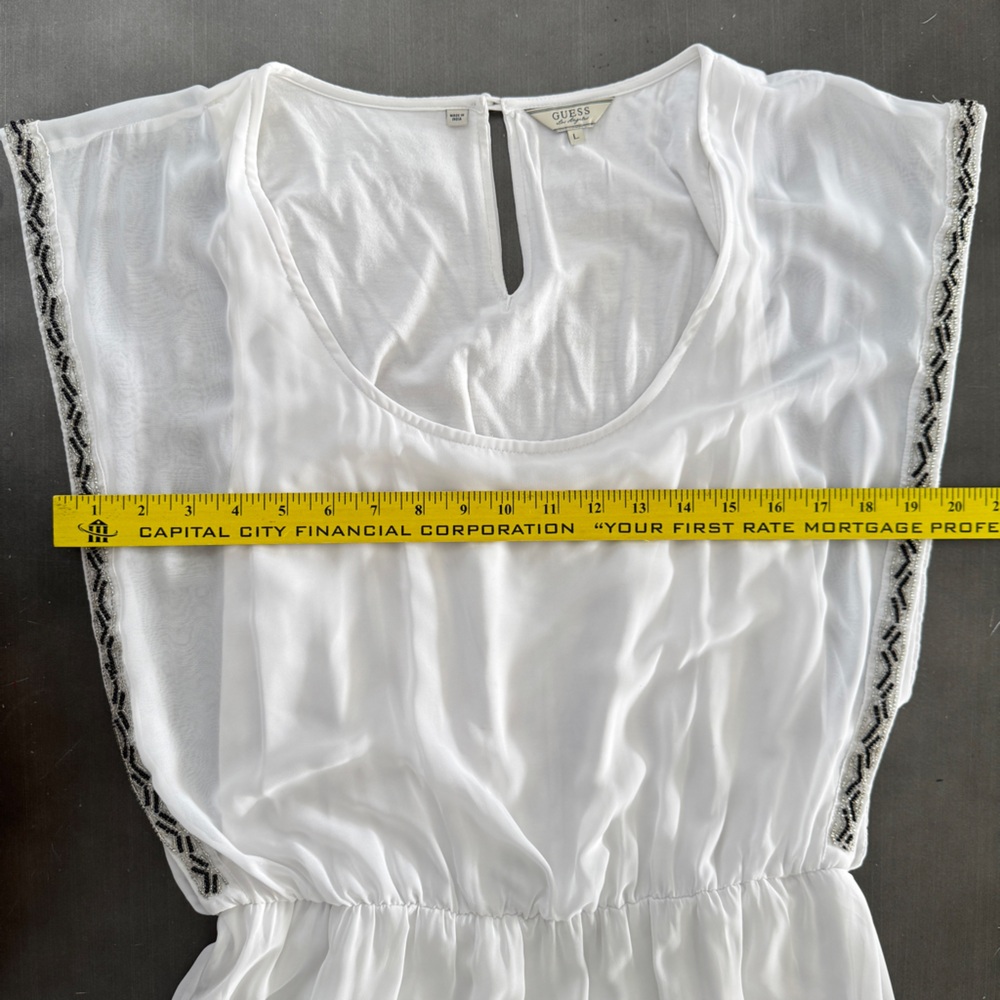 GUESS Y2K White Sleeveless Beaded Trim Blouson Mini Dress Cinched Elastic Waist - Picture 12 of 13